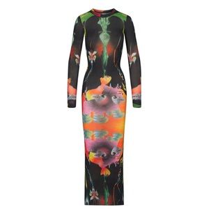 NWT SKIMS Summer Mesh Long Sleeve Dress in Obsidian Print sz Small